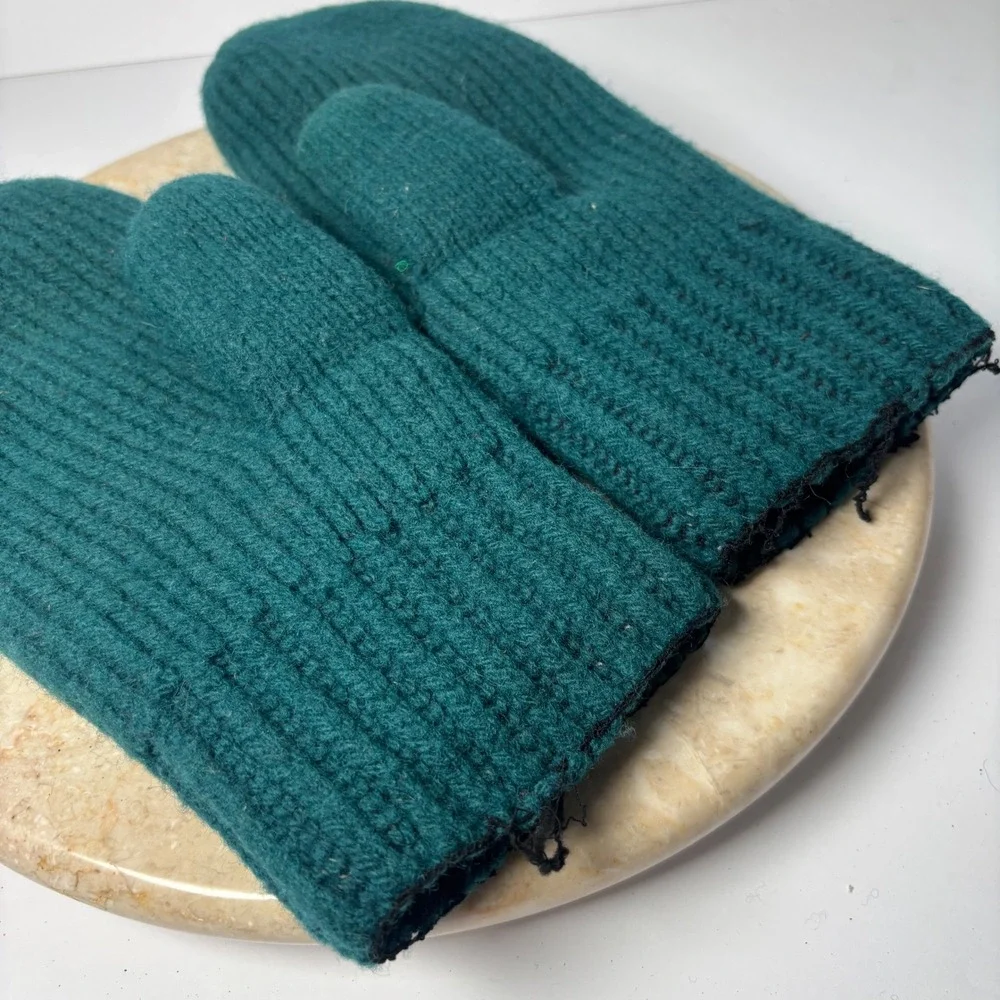 Vintage Wool Ribbed‎ Knit Mittens Large Teal Green Insulated Heavyweight Winter